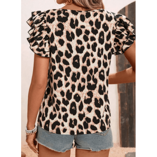 Hayden Leopard Print Layered Ruffled Short Sleeve Blouse