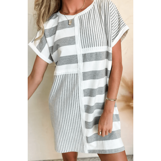 Glendora Grey Stripe Mixed Printed Short Sleeve Shift Mini T Shirt Dress