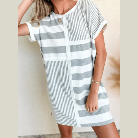 Glendora Grey Stripe Mixed Printed Short Sleeve Shift Mini T Shirt Dress