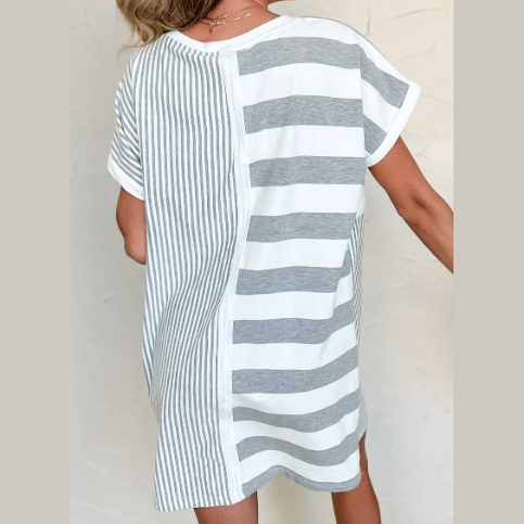 Glendora Grey Stripe Mixed Printed Short Sleeve Shift Mini T Shirt Dress