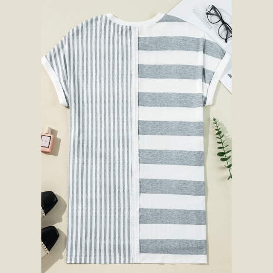 Glendora Grey Stripe Mixed Printed Short Sleeve Shift Mini T Shirt Dress