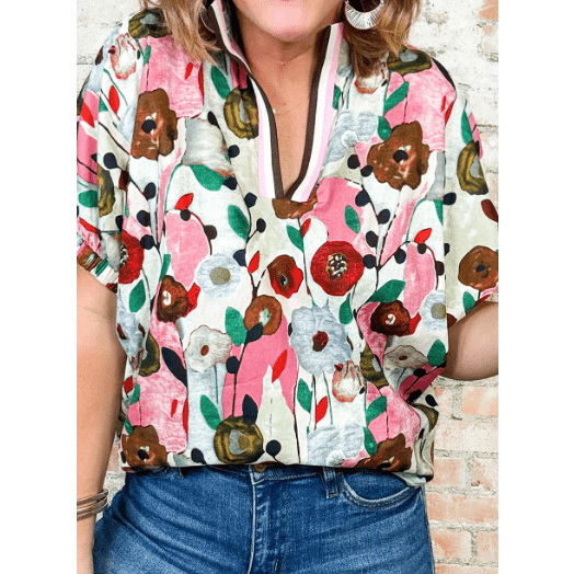 Karon Pink Floral Print Slit V Neck Short Sleeve Blouse