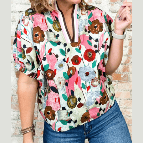 Karon Pink Floral Print Slit V Neck Short Sleeve Blouse