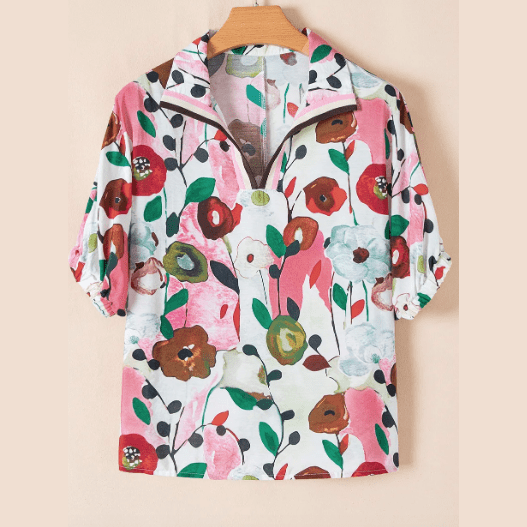 Karon Pink Floral Print Slit V Neck Short Sleeve Blouse