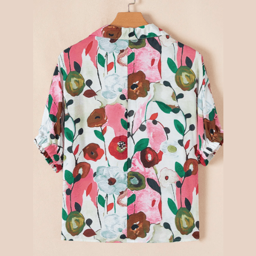 Karon Pink Floral Print Slit V Neck Short Sleeve Blouse