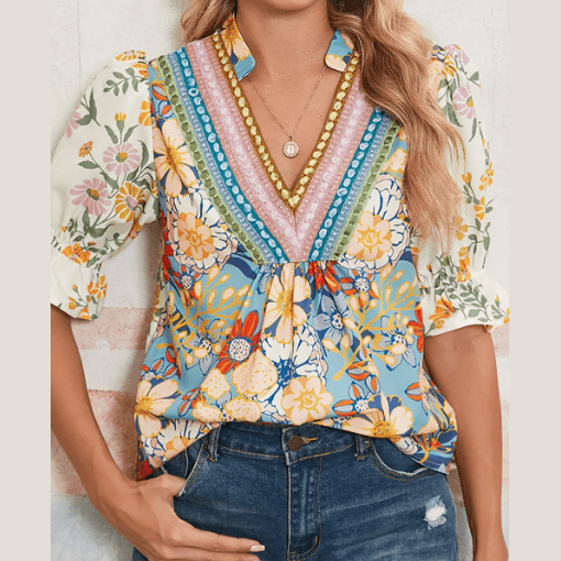 Whitley Multicolour Crochet V Neck Half Sleeve Boho Floral Blouse