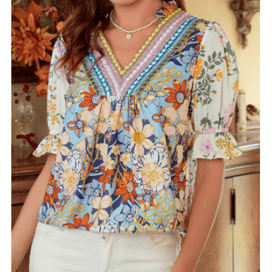 Whitley Multicolour Crochet V Neck Half Sleeve Boho Floral Blouse
