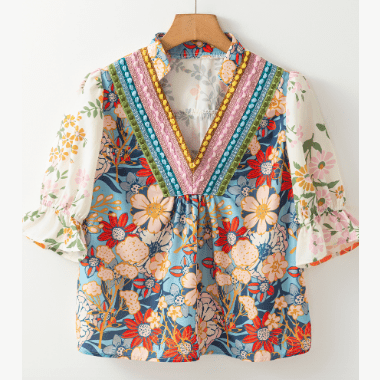 Whitley Multicolour Crochet V Neck Half Sleeve Boho Floral Blouse