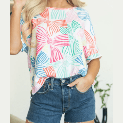 Irma White Multicolour Bowknot Printed Waffle Crewneck Loose Short Sleeve Top