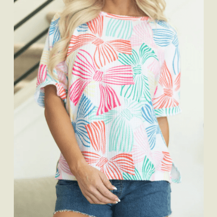 Irma White Multicolour Bowknot Printed Waffle Crewneck Loose Short Sleeve Top