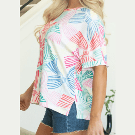 Irma White Multicolour Bowknot Printed Waffle Crewneck Loose Short Sleeve Top