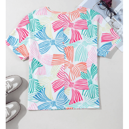 Irma White Multicolour Bowknot Printed Waffle Crewneck Loose Short Sleeve Top