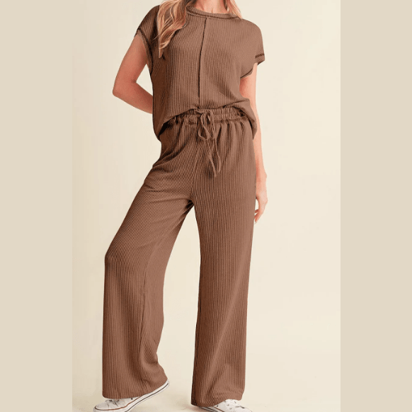Trix Brown Corded Short Sleeve Top and Casual Pants Set