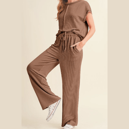 Trix Brown Corded Short Sleeve Top and Casual Pants Set