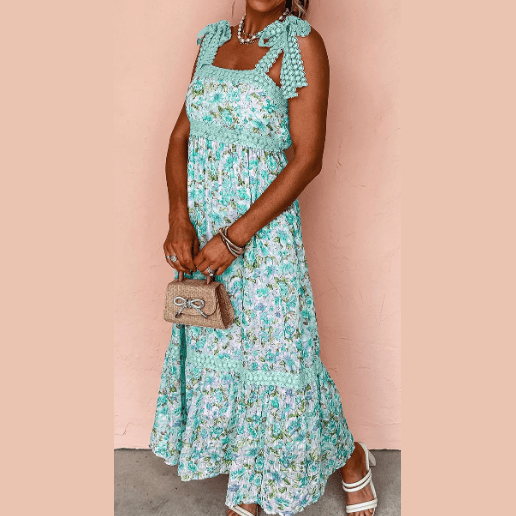 Esmae Green Floral Lace Tied Strap Empire Waist Maxi Dress