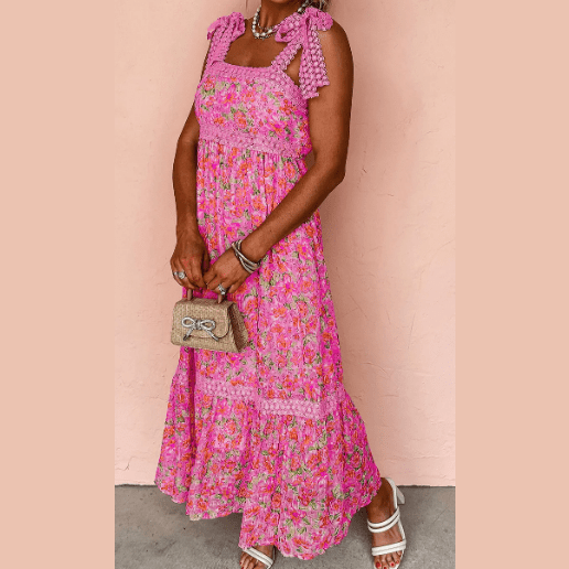 Esmae Hot Pink Floral Lace Tied Strap Empire Waist Maxi Dress