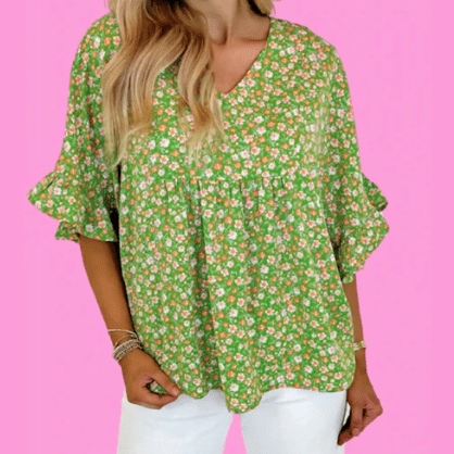 Morticia Green Floral Print Ruffle Sleeve V Neck Blouse Top