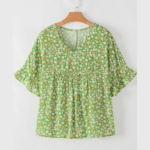 Morticia Green Floral Print Ruffle Sleeve V Neck Blouse Top