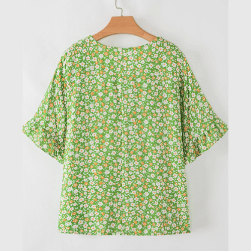 Morticia Green Floral Print Ruffle Sleeve V Neck Blouse Top