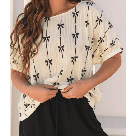 Wanda Beige Bow Print Puff Short Sleeve Top