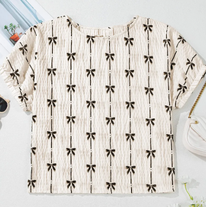 Wanda Beige Bow Print Puff Short Sleeve Top