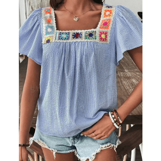 Cristina Sky Blue Stripe Textured Ruffle Short Sleeve Boho Detail Square Neck Blouse