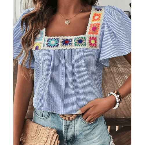 Cristina Sky Blue Stripe Textured Ruffle Short Sleeve Boho Detail Square Neck Blouse