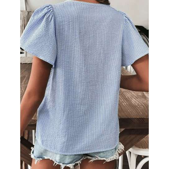 Cristina Sky Blue Stripe Textured Ruffle Short Sleeve Boho Detail Square Neck Blouse