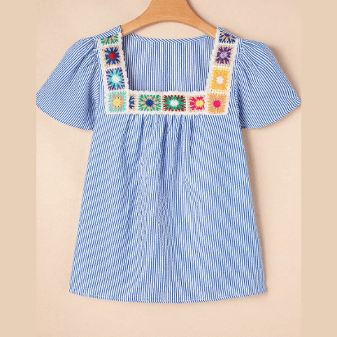 Cristina Sky Blue Stripe Textured Ruffle Short Sleeve Boho Detail Square Neck Blouse