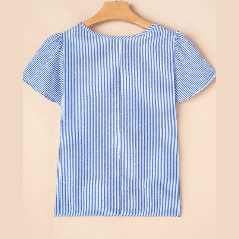 Cristina Sky Blue Stripe Textured Ruffle Short Sleeve Boho Detail Square Neck Blouse