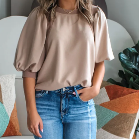 Karrie Half Lantern Sleeve Solid Colour Pullover Top