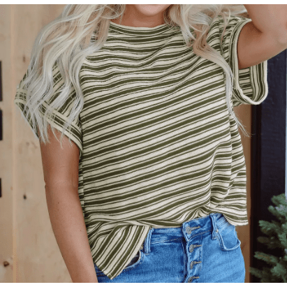Kassi Green Stripe Textured Side Slits Crew Neck T Shirt