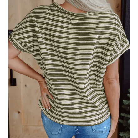 Kassi Green Stripe Textured Side Slits Crew Neck T Shirt
