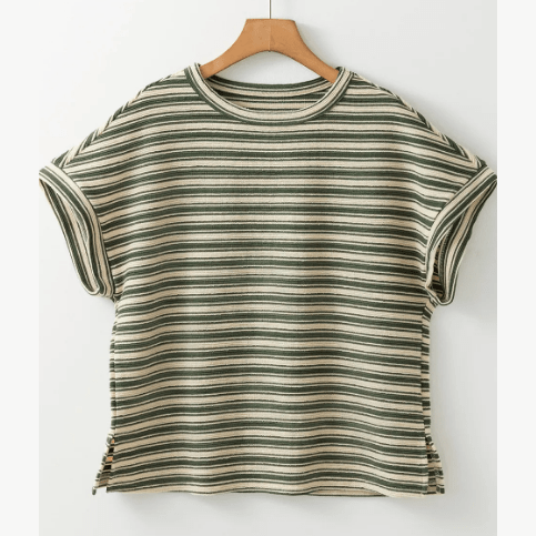 Kassi Green Stripe Textured Side Slits Crew Neck T Shirt