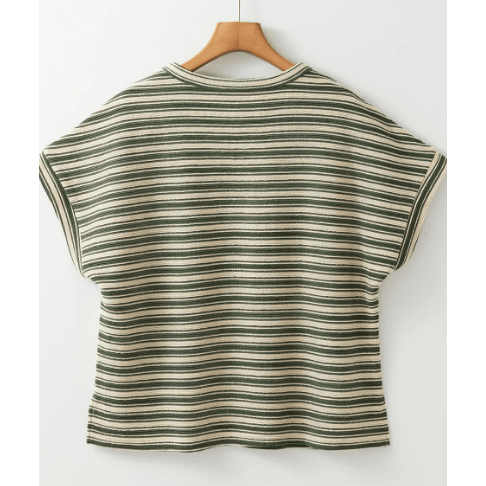 Kassi Green Stripe Textured Side Slits Crew Neck T Shirt