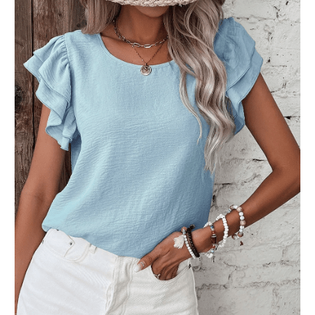 Madisyn Blue Ruffled Short Sleeve Casual Blouse