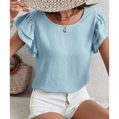 Madisyn Blue Ruffled Short Sleeve Casual Blouse