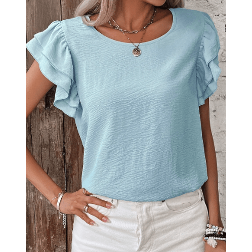Madisyn Blue Ruffled Short Sleeve Casual Blouse