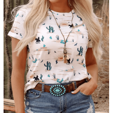 Western Cactus Print Crew Neck Short Sleeve Top
