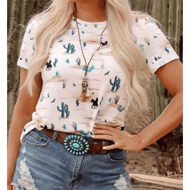 Western Cactus Print Crew Neck Short Sleeve Top