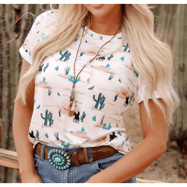 Western Cactus Print Crew Neck Short Sleeve Top