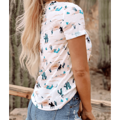 Western Cactus Print Crew Neck Short Sleeve Top