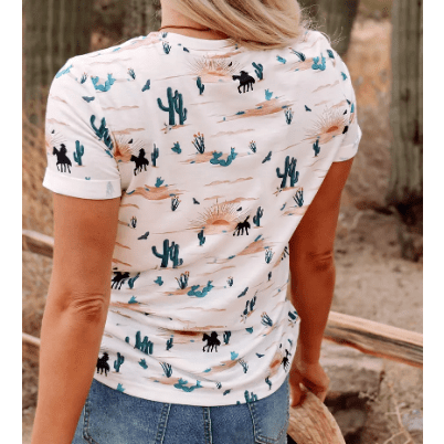 Western Cactus Print Crew Neck Short Sleeve Top