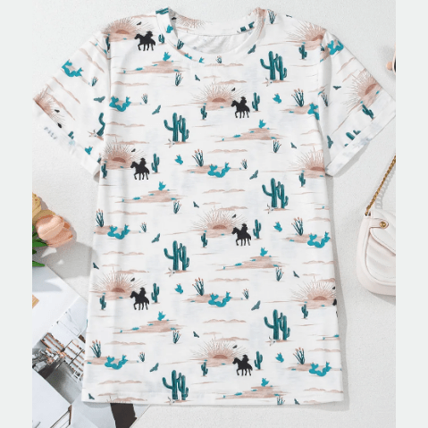 Western Cactus Print Crew Neck Short Sleeve Top