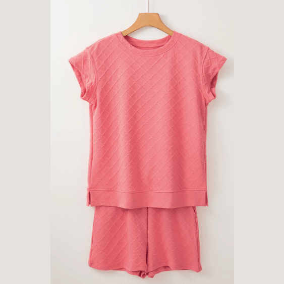 Sommer Coral Checkered Textured Tee and Drawstring Shorts