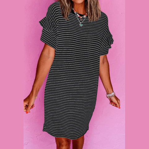 Zoella Black Stripe Ruffled Short Sleeve Crew Neck T Shirt Shift Mini Dress