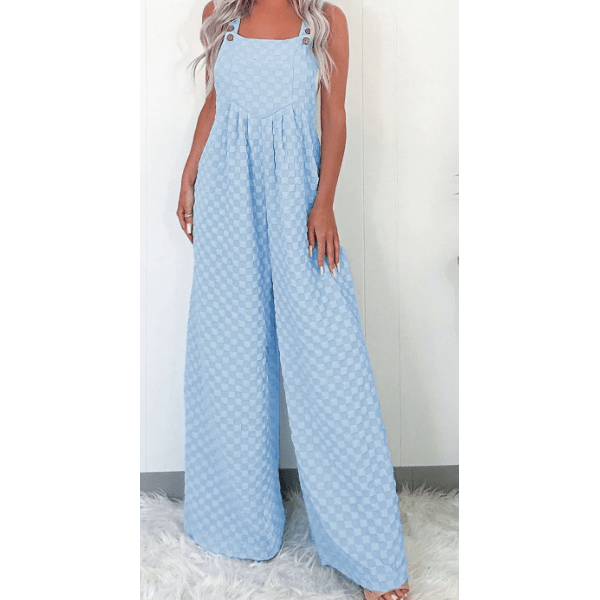 Brinley Beau Blue Checkered Pocketed High Waist Wide Leg Overall