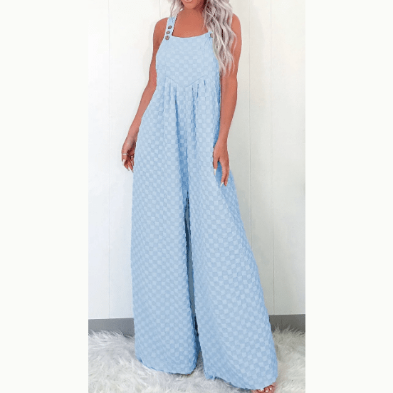 Brinley Beau Blue Checkered Pocketed High Waist Wide Leg Overall