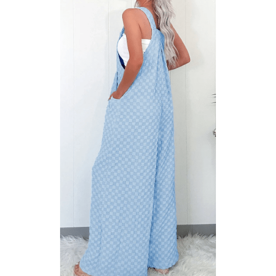 Brinley Beau Blue Checkered Pocketed High Waist Wide Leg Overall