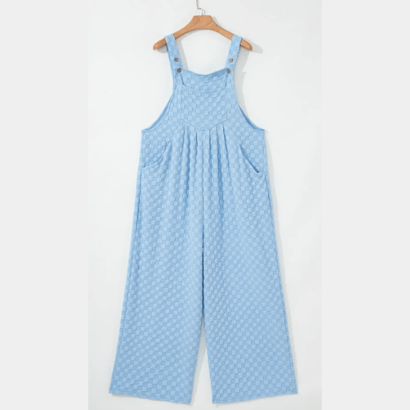 Brinley Beau Blue Checkered Pocketed High Waist Wide Leg Overall